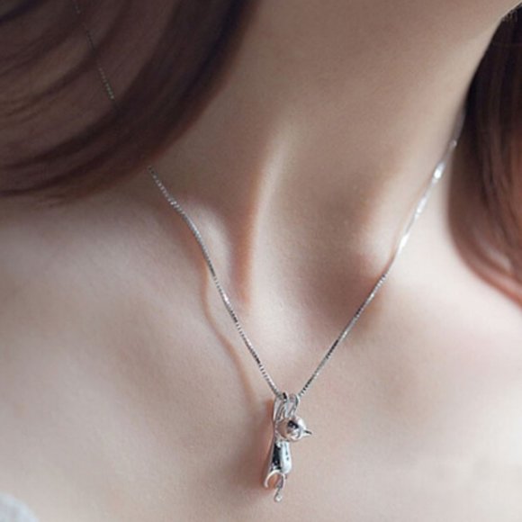 TT-Silver Tone "Hang In There" Cat Pendant Necklace - Picture 3 of 7